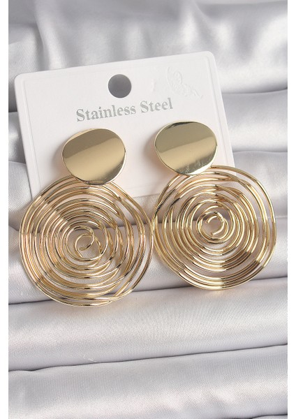 Pirinç Gold Renk Sallantı Labirent Daire Model Kadın Küpe
