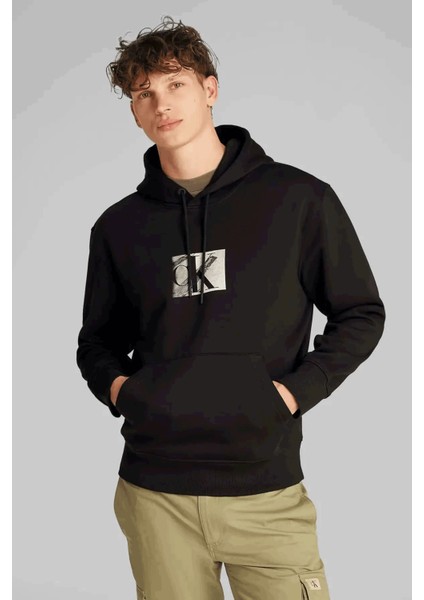 Erkek Ck Box Kapüşonlu Sweatshirt - Siyah