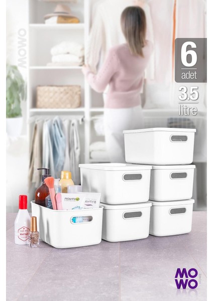 Retro Box 6’lı Beyaz 3,5 Lt Çok Amaçlı Düzenleyici Kapaklı Saklama Kutu, Organizer, Storage