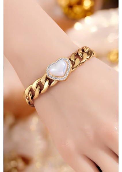 Kalpli Kalın Zincirli Gold Çelik Charm Bileklik