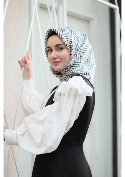 Twill Ipek Eşarp - 11390-02 Krem Siyah