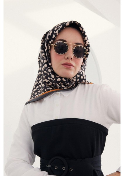 Twill Ipek Eşarp - 11412-28 Siyah Turuncu