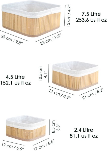 3'lü Kare Bambu Saklama Kutusu Seti - Astarlı Bambu Sepet Dekoratif Organizer Banyo Düzenleyici