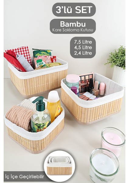 3'lü Kare Bambu Saklama Kutusu Seti - Astarlı Bambu Sepet Dekoratif Organizer Banyo Düzenleyici fiyatları