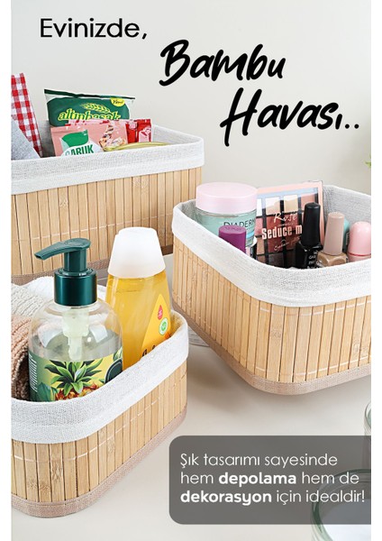 3'lü Kare Bambu Saklama Kutusu Seti - Astarlı Bambu Sepet Dekoratif Organizer Banyo Düzenleyici modelleri
