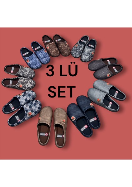 Erkek 3 Set Ev Halı Terliği Misafir Terliği Yumuşak Merdane Taban Erkek Terliği
