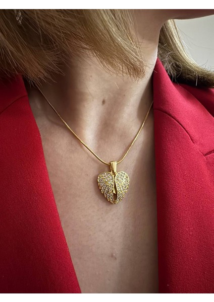Melek Kanadı Zirkon Taşlı Gold Çelik Kolye