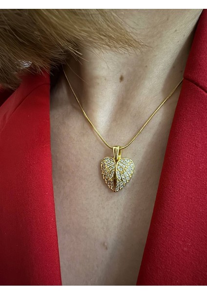 Melek Kanadı Zirkon Taşlı Gold Çelik Kolye modelleri