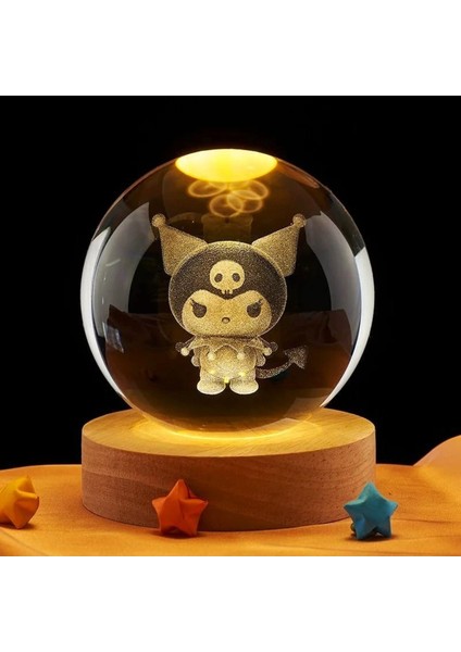Kişiye Özel Işıklı Ahşap Kaideli Kuromi Cam Küre 8 cm x 6 cm