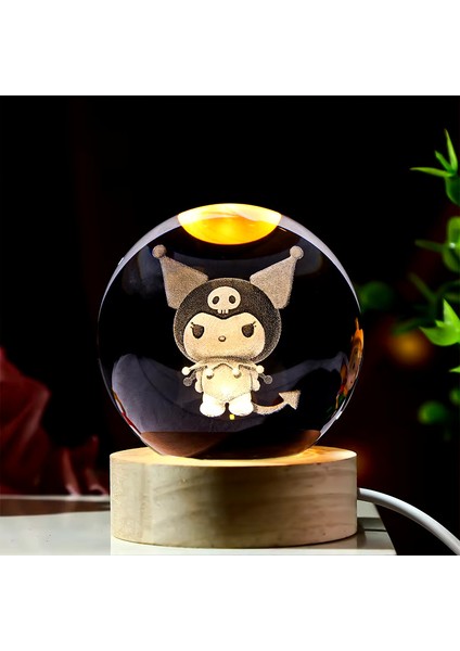 Kişiye Özel Işıklı Ahşap Kaideli Kuromi Cam Küre 8 cm x 6 cm