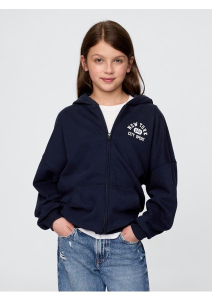 Kız Çocuk Lacivert Vintage Soft Logo Fransız Havlu Kumaşı Sweatshirt
