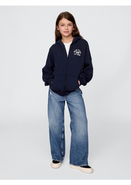 Kız Çocuk Lacivert Vintage Soft Logo Fransız Havlu Kumaşı Sweatshirt