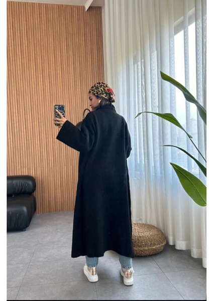 Kadın Siyah Maxi Boy Uzun Tesettür Polarlı Kalın Triko Hırka NWJ-100070002
