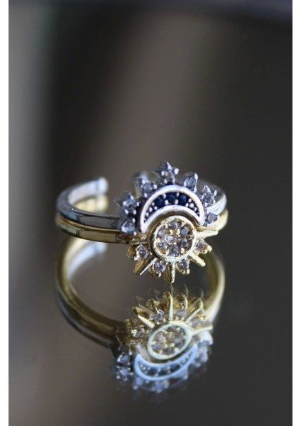 İthal Seri 2'li Kombinlenebilir Zirkon Taşlı Güneş Ay Tasarım Ayarlanabilir Kadın Arkadaş Yüzüğü fırsatları