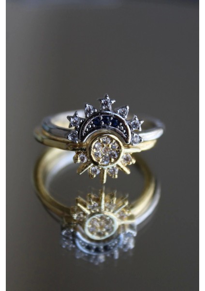 İthal Seri 2'li Kombinlenebilir Zirkon Taşlı Güneş Ay Tasarım Ayarlanabilir Kadın Arkadaş Yüzüğü indirimleri