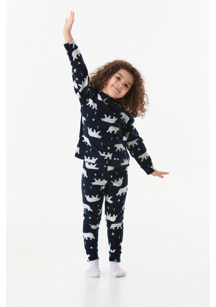 Kutup Ayısı Desenli Bisiklet Yaka Polar Kız Çocuk Pijama Takımı