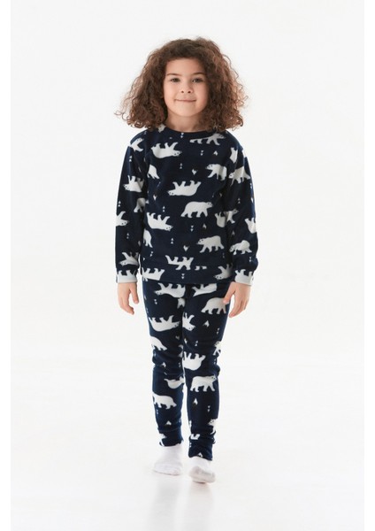 Kutup Ayısı Desenli Bisiklet Yaka Polar Kız Çocuk Pijama Takımı