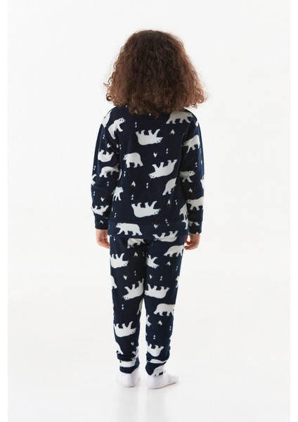 Kutup Ayısı Desenli Bisiklet Yaka Polar Kız Çocuk Pijama Takımı
