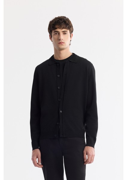 Erkek Siyah Polo Yaka Düğmeli Rayon Triko Hırka A51y5008