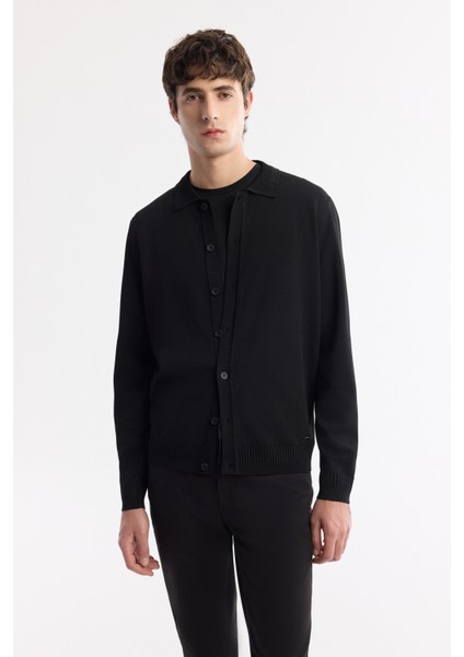 Erkek Siyah Polo Yaka Düğmeli Rayon Triko Hırka A51y5008