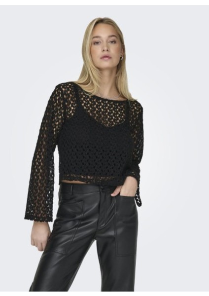 O Yaka Normal Transparan Siyah Kazak Kadin Onllıon L/s Top Jrs