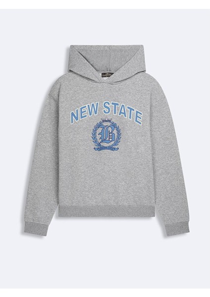 Baskılı Kapüşonlu Fermuarsız Regular Fit Gri SweatShirt