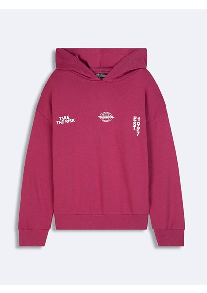 Sırtı Baskılı Kapüşonlu Fermuarsız Relaxed Fit Mor SweatShirt