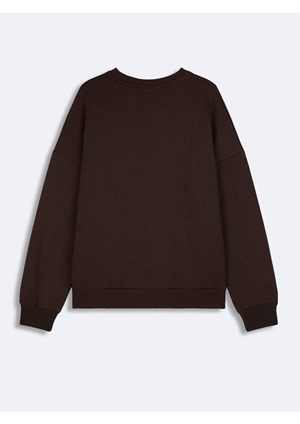 Slogaı Sıfır Yaka Uzun Kollu Oversıze Fit Kahve Rengi SweatShirt