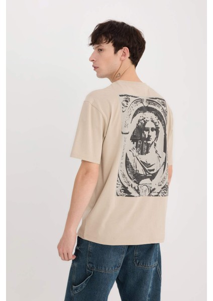 %100 Pamuk Boxy Fit Bisiklet Yaka Sırt Baskılı Kısa Kollu Tişört E1486AX25SP