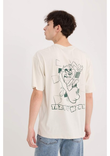 %100 Pamuk Looney Tunes Boxy Fit Bisiklet Yaka Sırt Baskılı Kısa Kollu Tişört E1871AX25SP