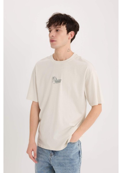 %100 Pamuk Looney Tunes Boxy Fit Bisiklet Yaka Sırt Baskılı Kısa Kollu Tişört E1871AX25SP fırsatları