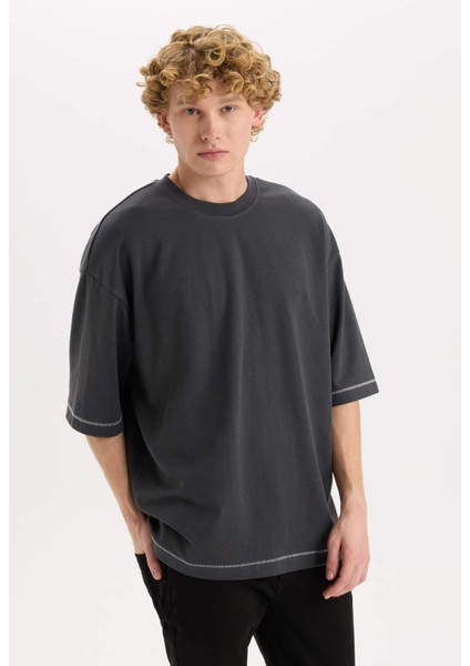 Loose Fit Bisiklet Yaka Kısa Kollu Ağır Kumaş Tişört C0147AX25SP