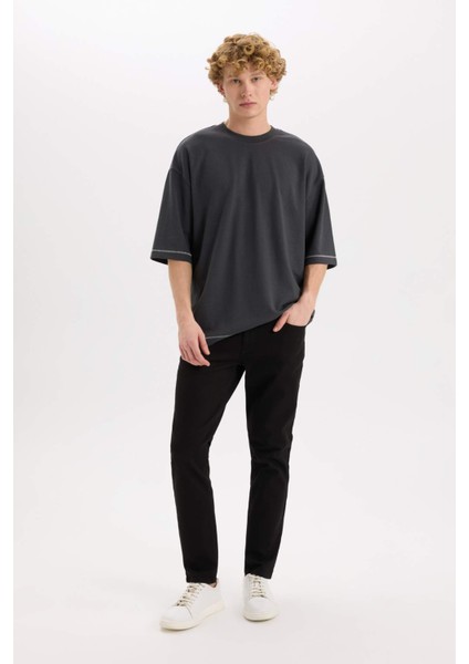 Loose Fit Bisiklet Yaka Kısa Kollu Ağır Kumaş Tişört C0147AX25SP fiyatları