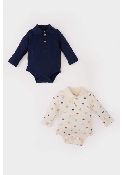 Erkek Bebek Yenidoğan Polo Yaka Baskılı Pike 2'li Uzun Kollu Çıtçıtlı Body D9086A525SP