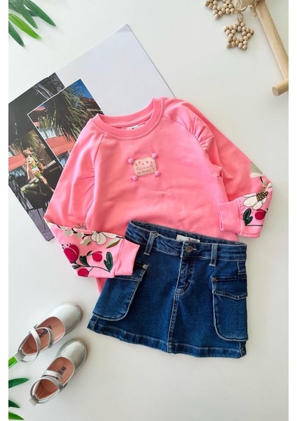 Kolları Çiçek Baskılı Kız Çocuk Kot etekli takım - Pembe