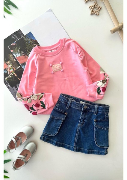 Kolları Çiçek Baskılı Kız Çocuk Kot etekli takım - Pembe