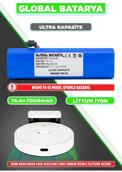 Wiami FX10 Uyumlu Akıllı Robot Süpürge Bataryası 14.4V 7000MAH Li-Ion Pil (Ultra Kapasite)
