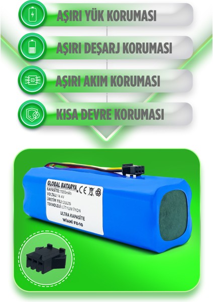 Wiami FX10 Uyumlu Akıllı Robot Süpürge Bataryası 14.4V 7000MAH Li-Ion Pil (Ultra Kapasite)