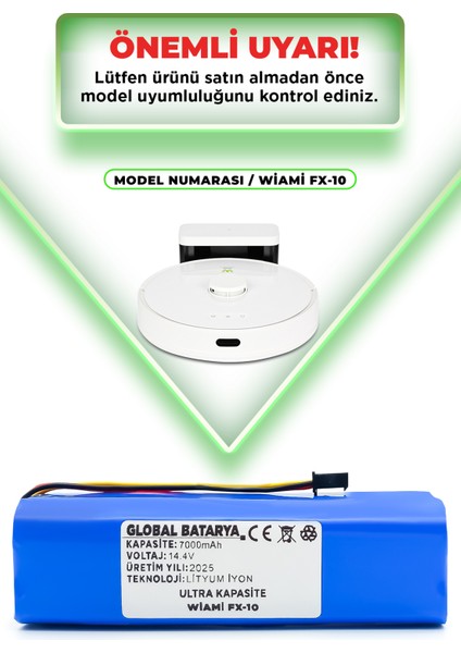Wiami FX10 Uyumlu Akıllı Robot Süpürge Bataryası 14.4V 7000MAH Li-Ion Pil (Ultra Kapasite)