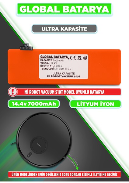 Xiaomi Mi Robot Vacuum S10T Uyumlu Akıllı Süpürge Bataryası 14.4V 7000MAH Pil (Ultra Kapasite)