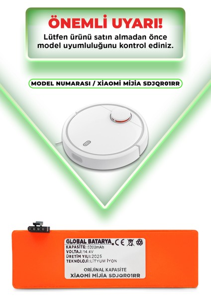 Xiaomi Mijia SDJQR01RR Uyumlu Akıllı Robot Süpürge Bataryası 14.4V 5200MAH Pil (Orijinal Kapasite)