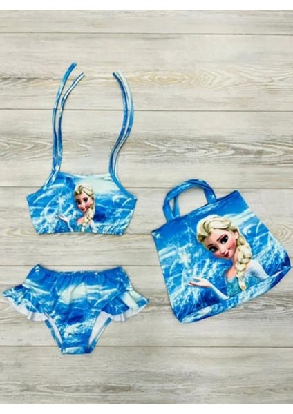 Kız Çocuk 3 Parça Fırfırlı Bikini Takım Üstü Baskılı Kız Çocuk Mayo Bikini 0128