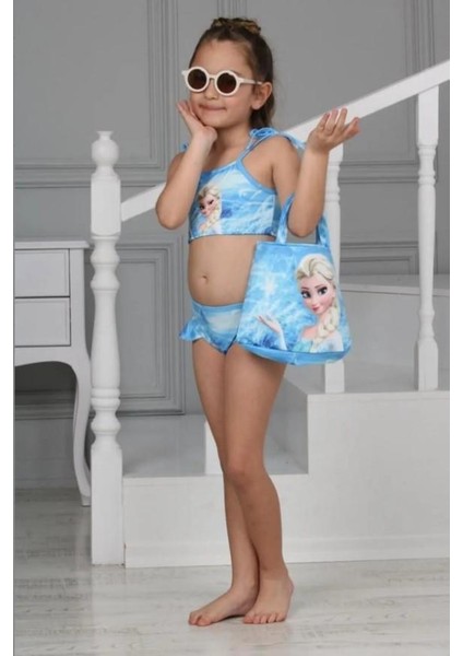 Kız Çocuk 3 Parça Fırfırlı Bikini Takım Üstü Baskılı Kız Çocuk Mayo Bikini 0128