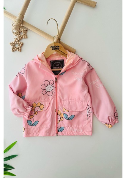 Çiçek Baskılı Kız Çocuk Kapüşonlu yağmurluk - Pembe