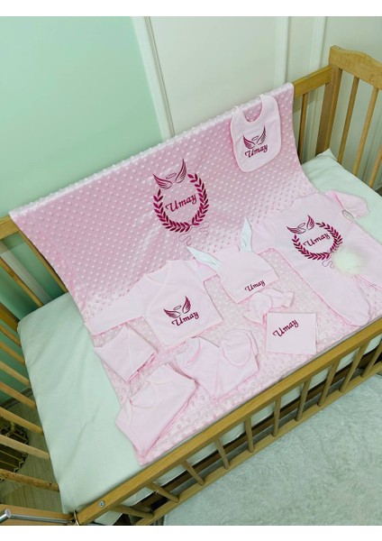 Isimli Pembe Hastane Çıkış Seti, Nakış Işlemeli %100 Pamuk 10 Parça