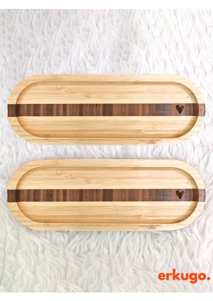 2 Adet Bambu Kalp Desenli Oval Servis Tabağı, Sunum Tabağı (25,5 x 9,5 cm )