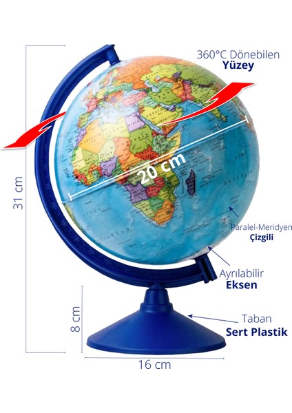 Gürbüz Eco 47204 Işıksız Siyasi Dünya Küresi 20 cm fiyatları
