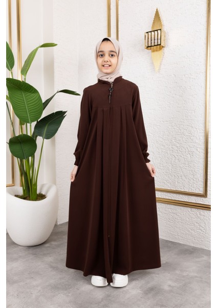 Robalı Pileli Çocuk Ferace & Kahverengi