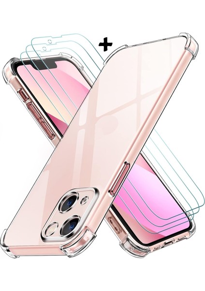 Iphone 14 Plus Kılıf Köşe Korumalı Darbeye Dayanıklı Antişok Şeffaf Silikon Kapak + 9h Ekran Koruyucu Cam 2in1 Set
