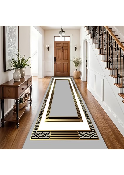 Dijital Baskı Modern Salon Mutfak Koridor Halısı Kaymaz Taban Gri Gold 4001